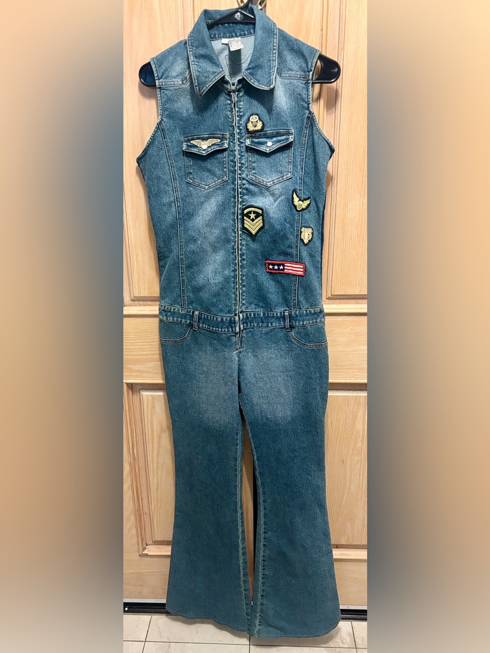 VTG Y2K Prague Patched Denim Jumpsuit Flare Leg Size M